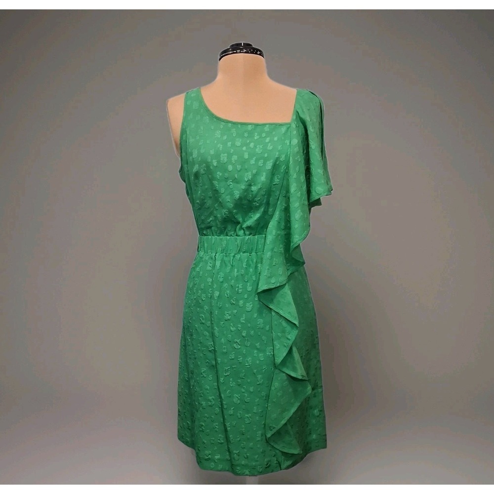 Cynthia Steffe Silk Textured Side‎ Ruffle Dress Sz 4 Kelly Green Knee Length